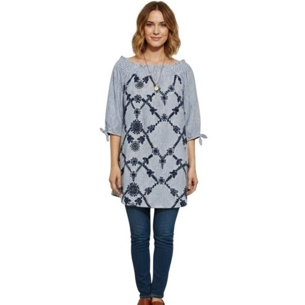 Bailey Blue NWT Womens Smocked Tunic Top 100%‎ Cotton Embroidered Blue XL